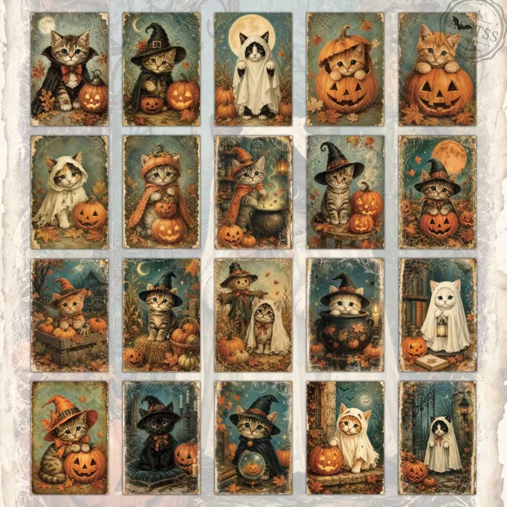 Vintage Halloween 20 Cat Postcards 4x6 Junk Journal Scrapbook Craft Cards